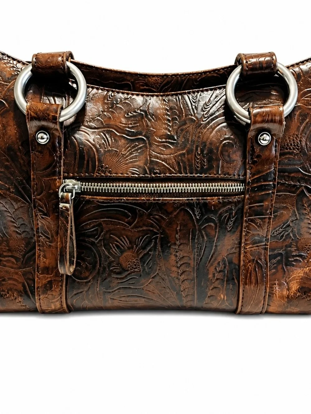 Nine West Brown Floral Faux Leather Shoulder Tote Bag Sliver Ring Accents